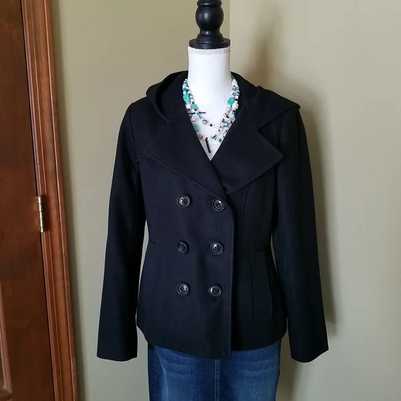 NAUTICA Black Hooded Wool Double Breasted Peacoat - Picture 4 of 13